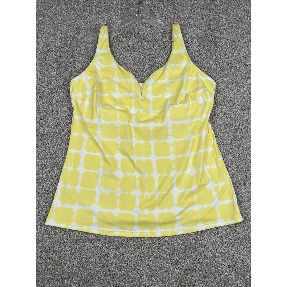 Lands' End Womens Plunge V-Neck Tankini Top Yellow White Tie Dye Grid Size 14